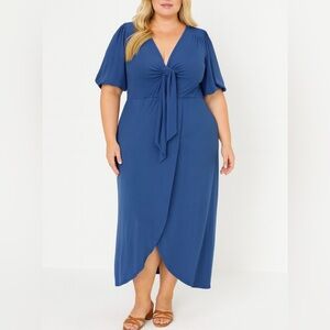 Eloquii Blue Stretch Knit Front Knot Faux Wrap Dress Size 18